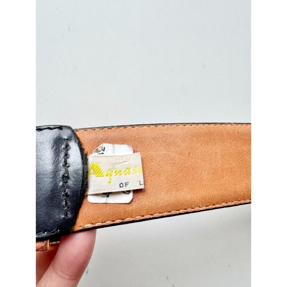 Vintage AQUASCUTUM Navy Blue Leather Large Gold Buckle Waist Belt, Size S - Picture 14 of 16